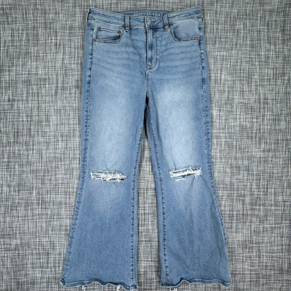 American Eagle Women's Super High Rise Flare Jeans Distressed Blue 12 Short